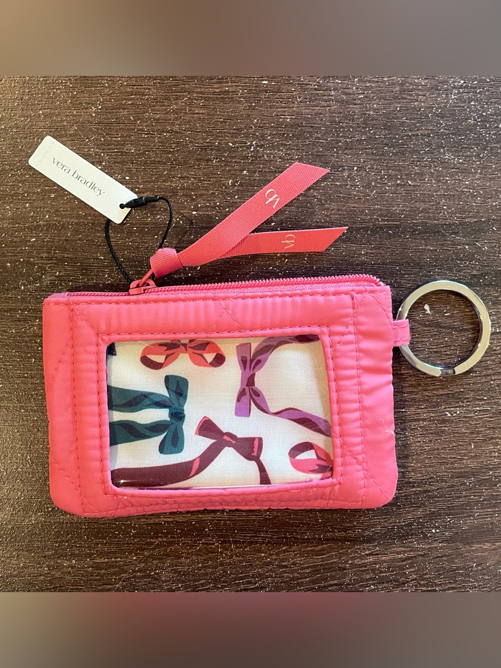 Vera Bradley Coral Pink Quilted ID Card Case with Keyring